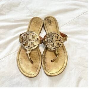 Tory Burch Miller Sandals Gold Leather Logo Thong Flip Flops Size 8